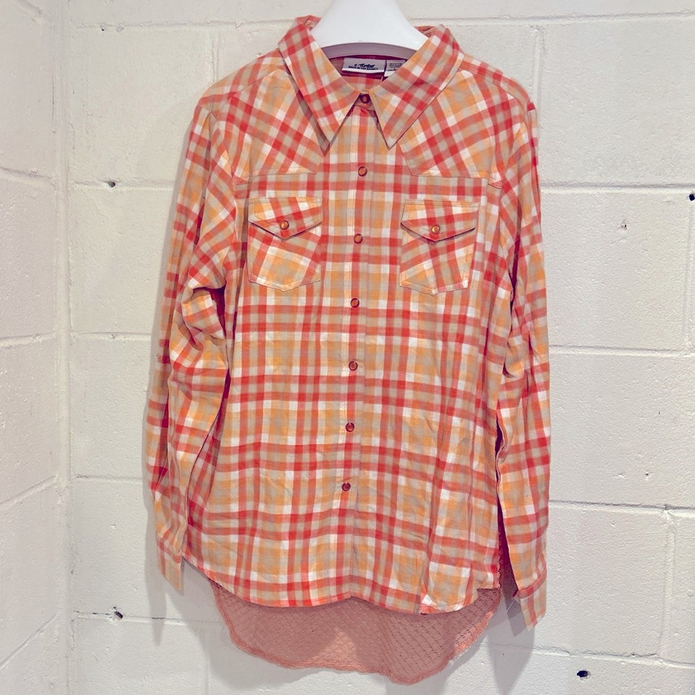 Back in the Saddle women’s flannel pink plaid shirt drop hem